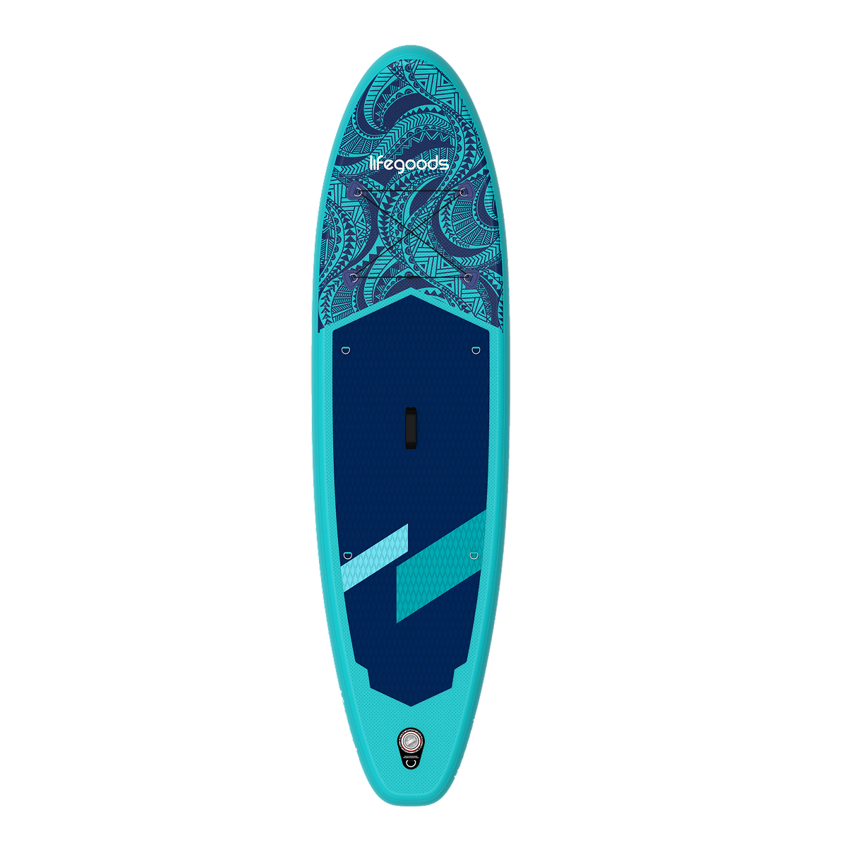 stand-up paddleboard, inflatable board, blue pattern, deck pad, leashed valve