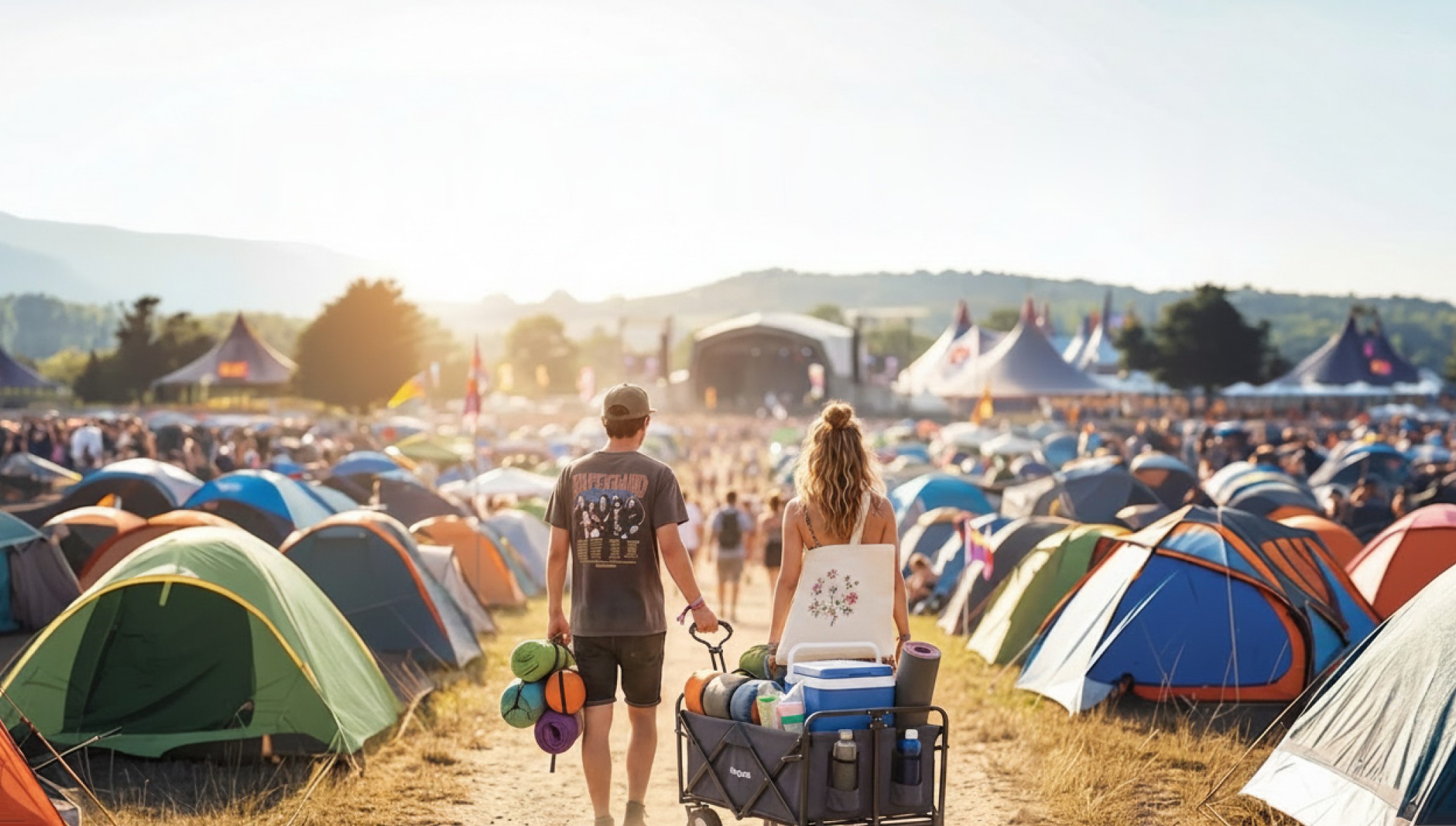 Festivalcamping met tenten en publiek voor het podium