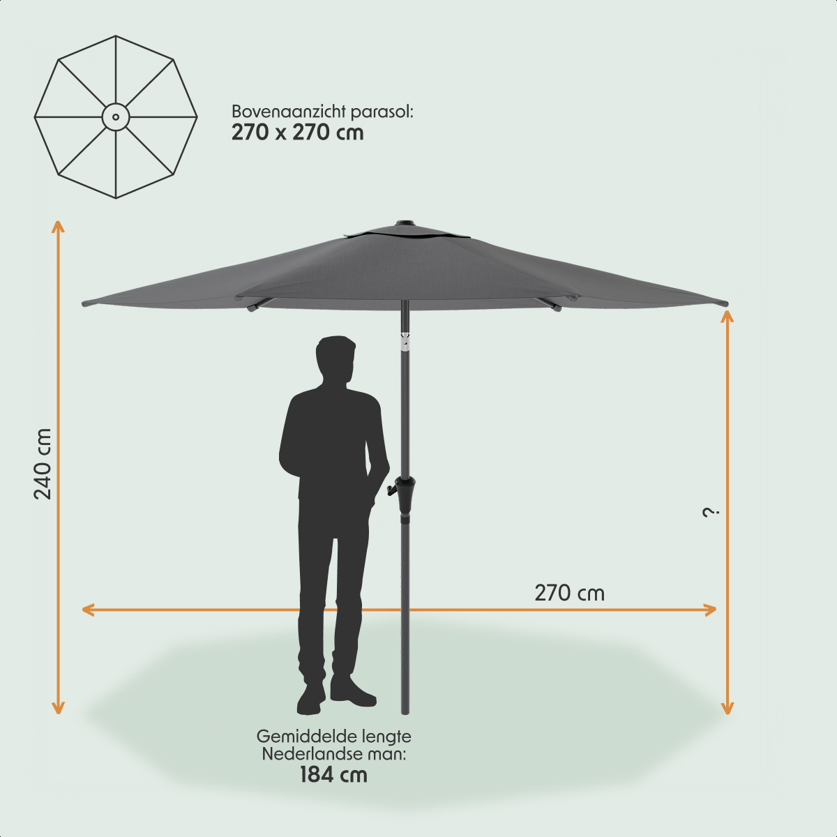 parasol, zonnescherm, 270 cm, bom?, standaard maat
