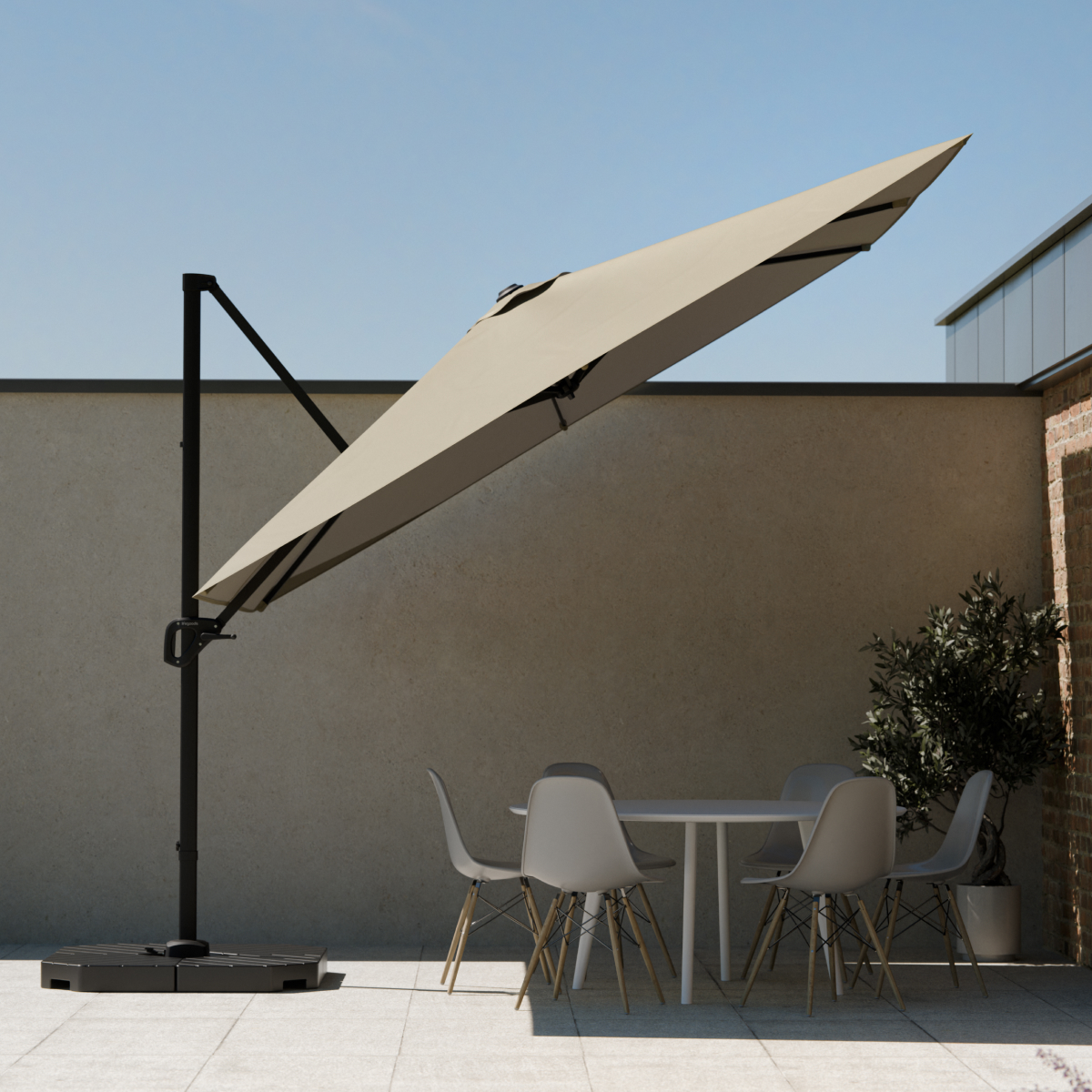 parasol, patio, buiten, tafel, stoelen