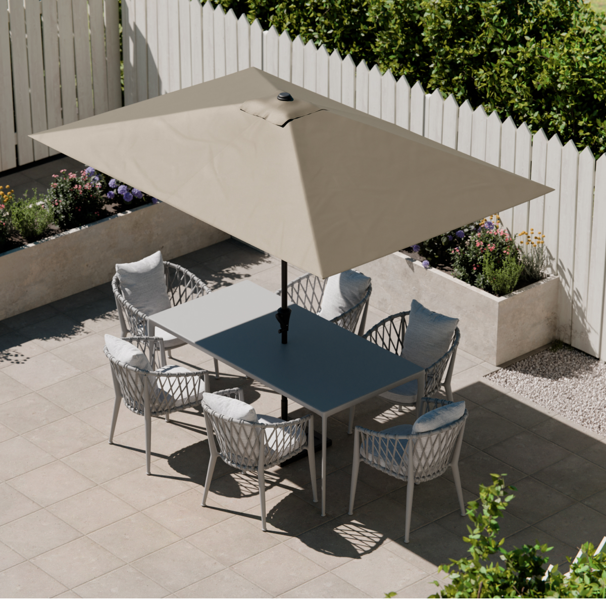 patio set, outdoor table, parasol, 6 chairs, beige umbrella