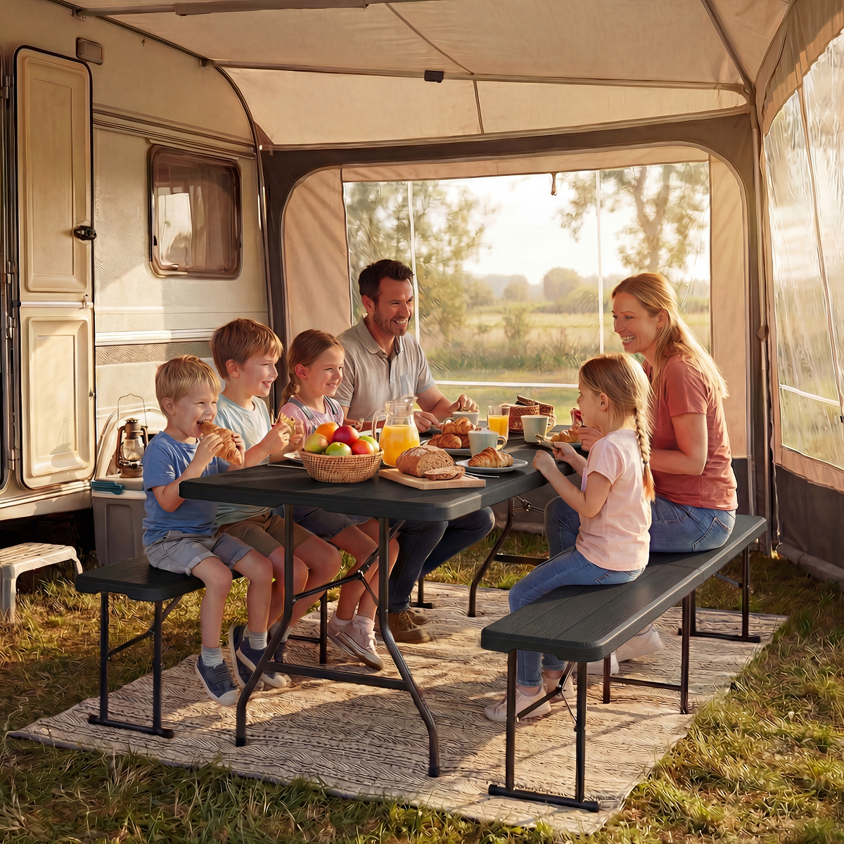 camping, caravan, family, outdoor dining, tableware
