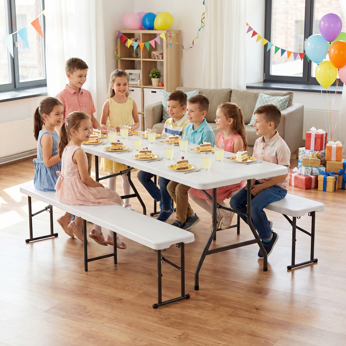 kinderen, verjaardagsfeest, tafel, tafeltafel, cake