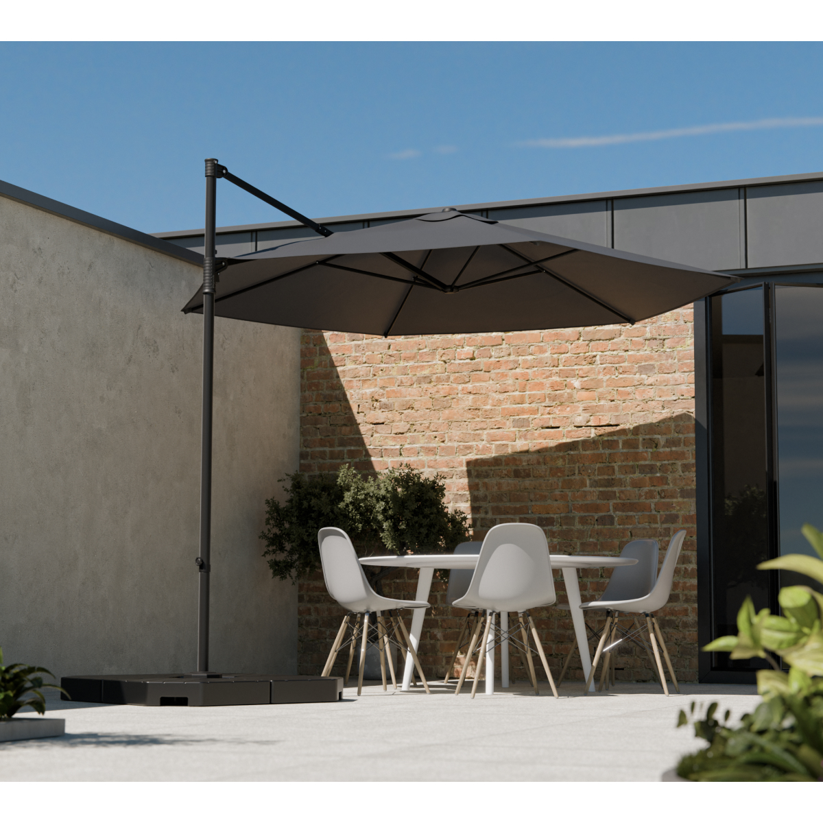 parasols, outdoor furniture, patio setup, umbrella stand, stone patio