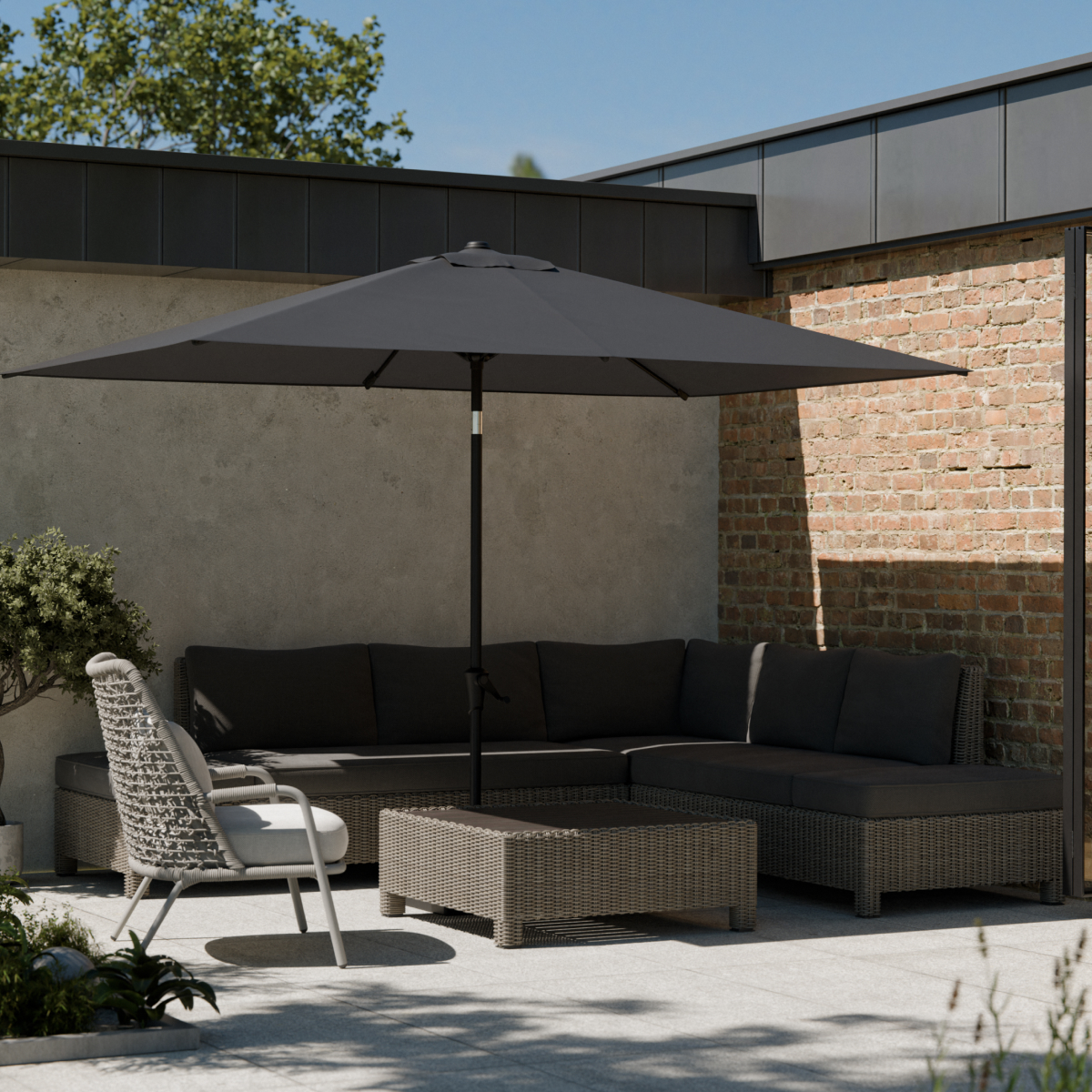 zonnescherm, parasol, outdoor lounge, wicker meubelen, tuinset