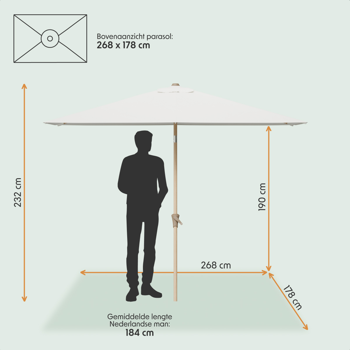 parasol, zonnescherm, parasolstok, houten stok, oppervlakte maat