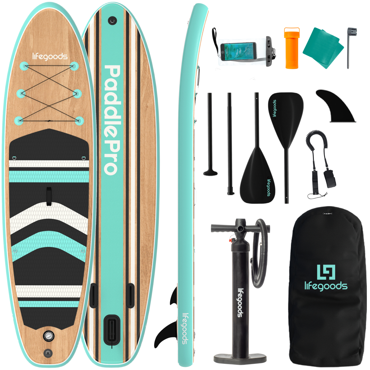paddle board, stand up paddle, inflatable board, turquoise, pump kit