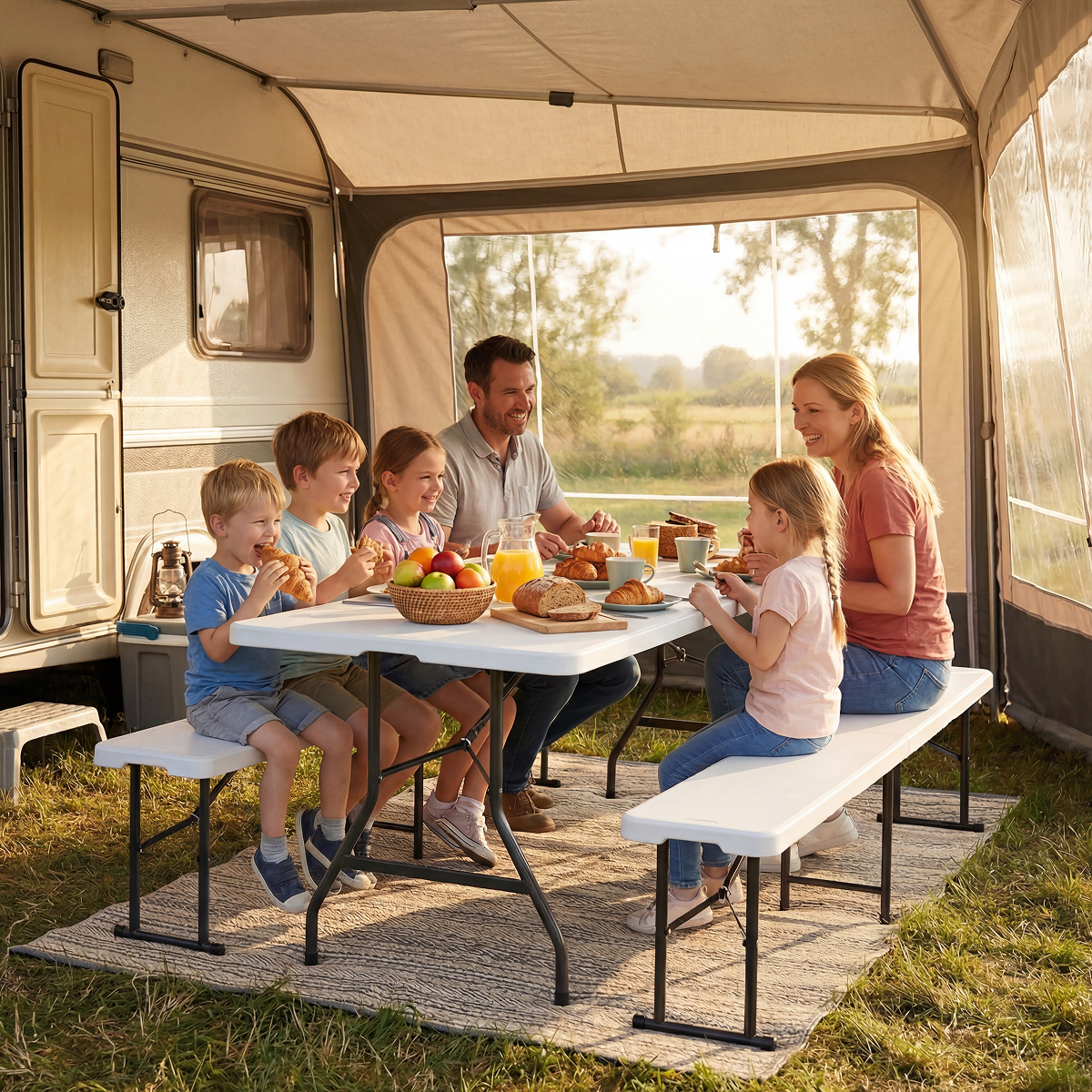 camping, tafel, familie, buiten, ontbijt