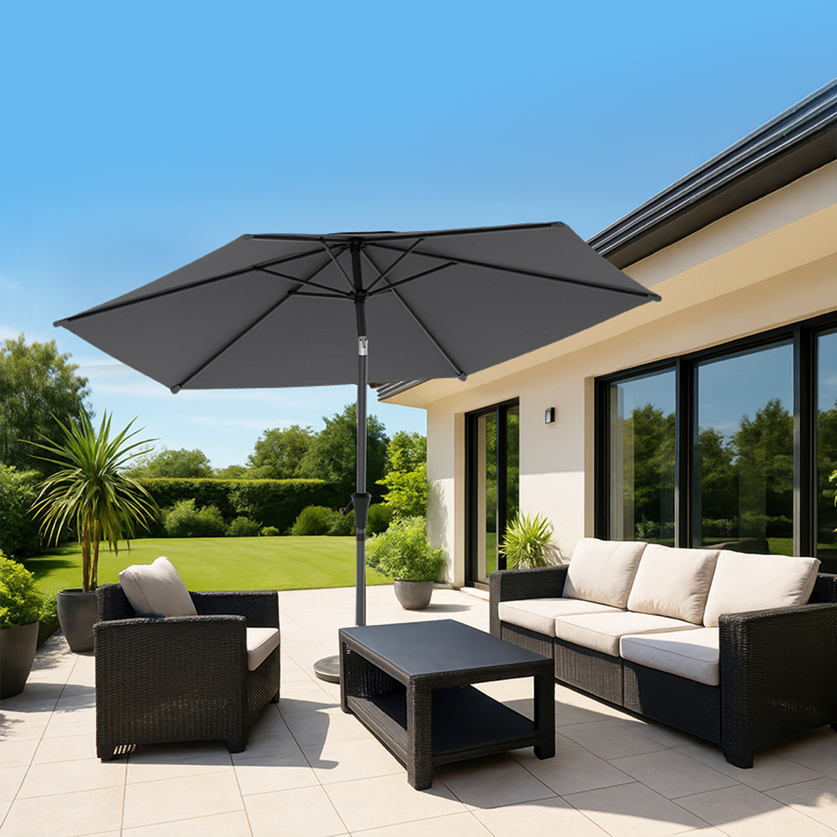 patio, outdoor furniture, umbrella, lounge set, black wicker