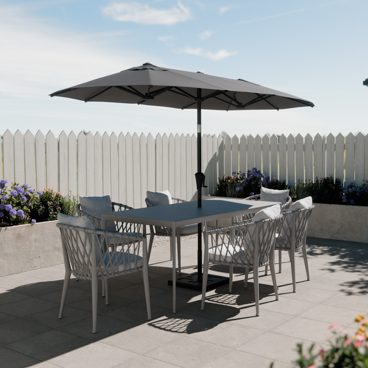 tuinset, tuinmeubilair, tuinset met parasol, kunststof tafel