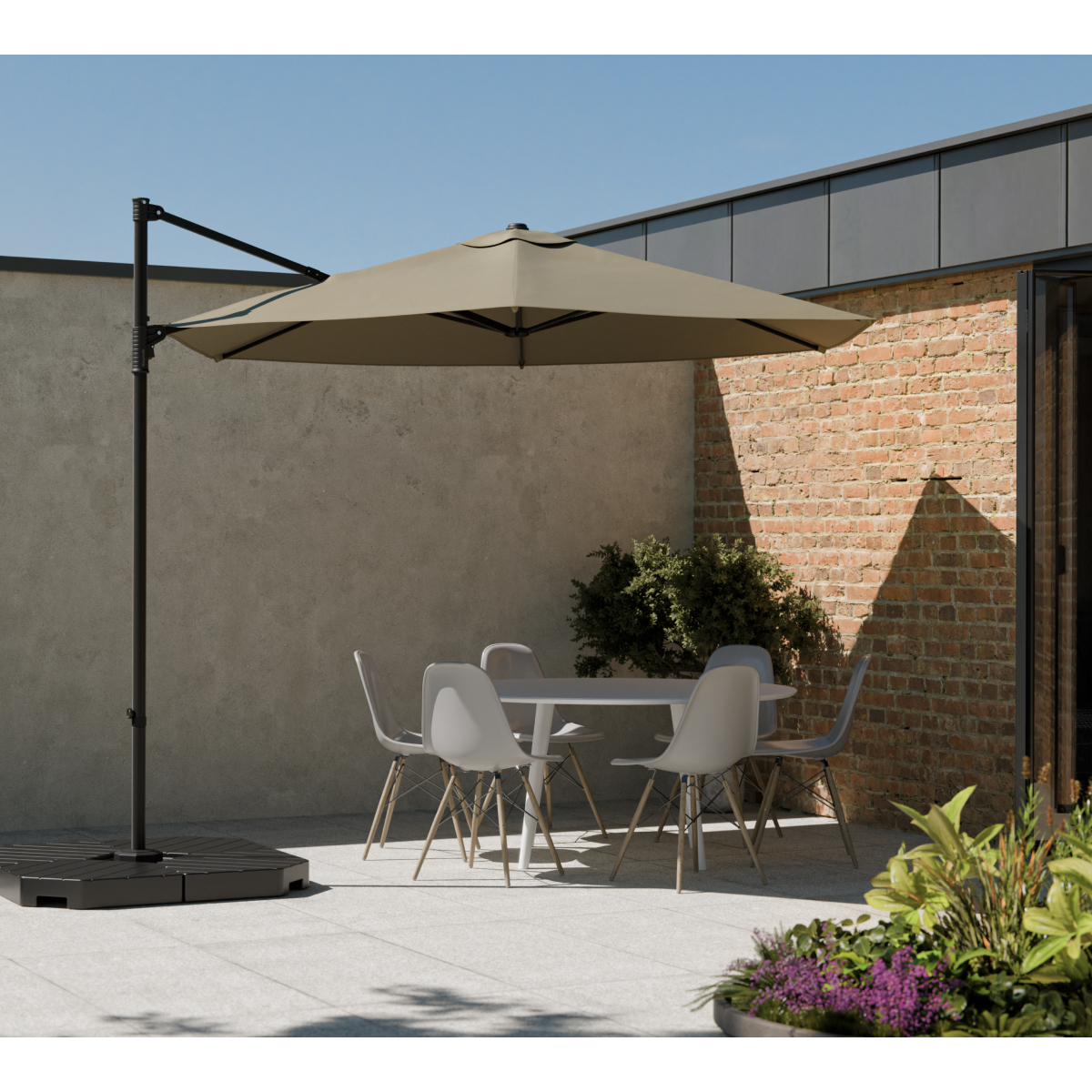 parasol, patio, tuin, eettafel, stoelen