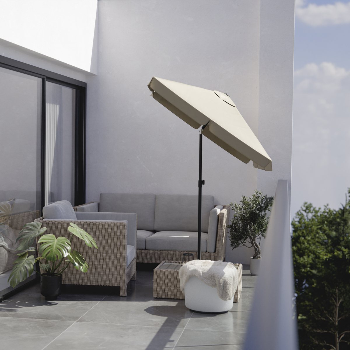 tuinmeubilair, lounge, parasol, settee, planten