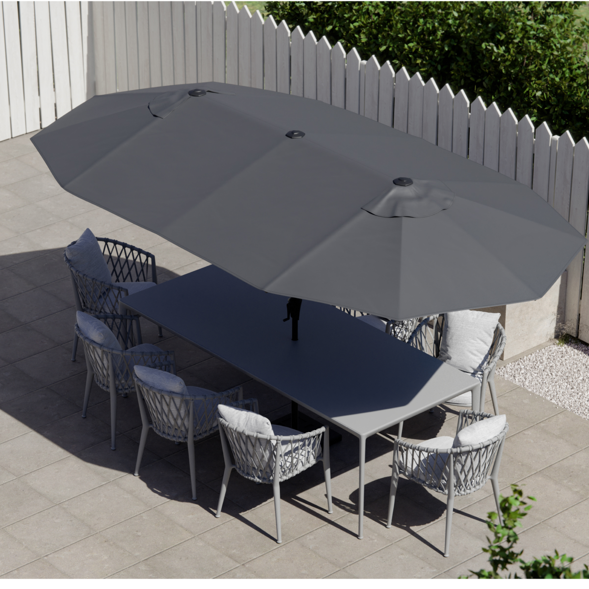 tuinset, outeetafel, parasolders, grote parasol, grijze tafelset