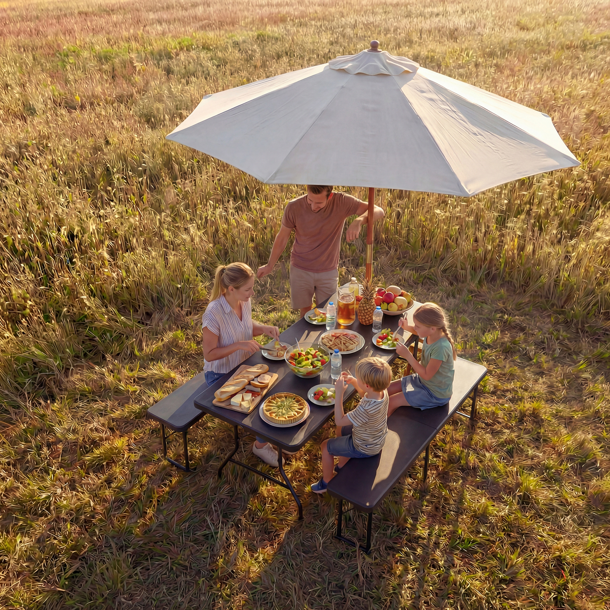 picknicktafel, parasol, tuinmeubel, eten, familie
