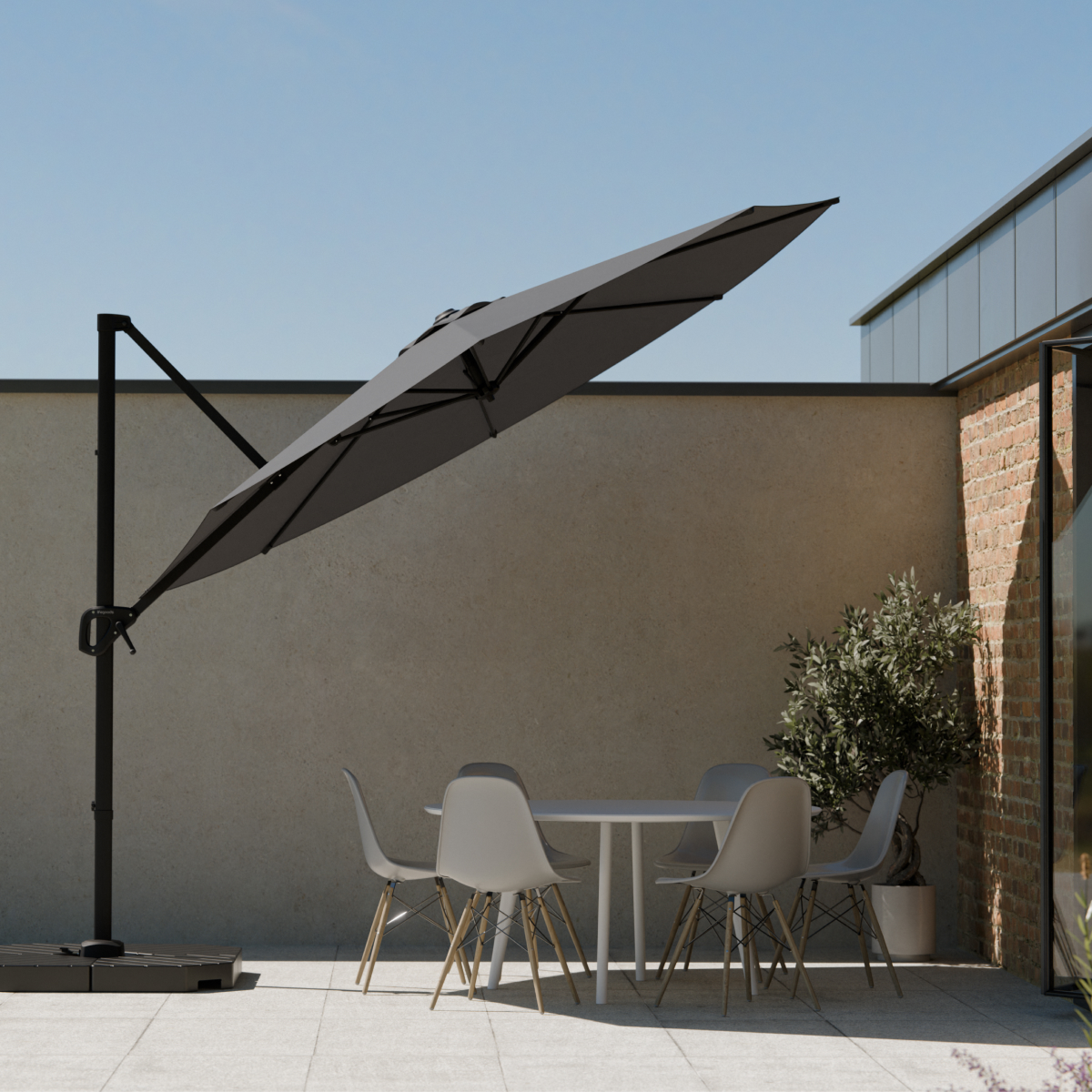 tuinmeubel, parasol, tafel, stoelen, polyester]