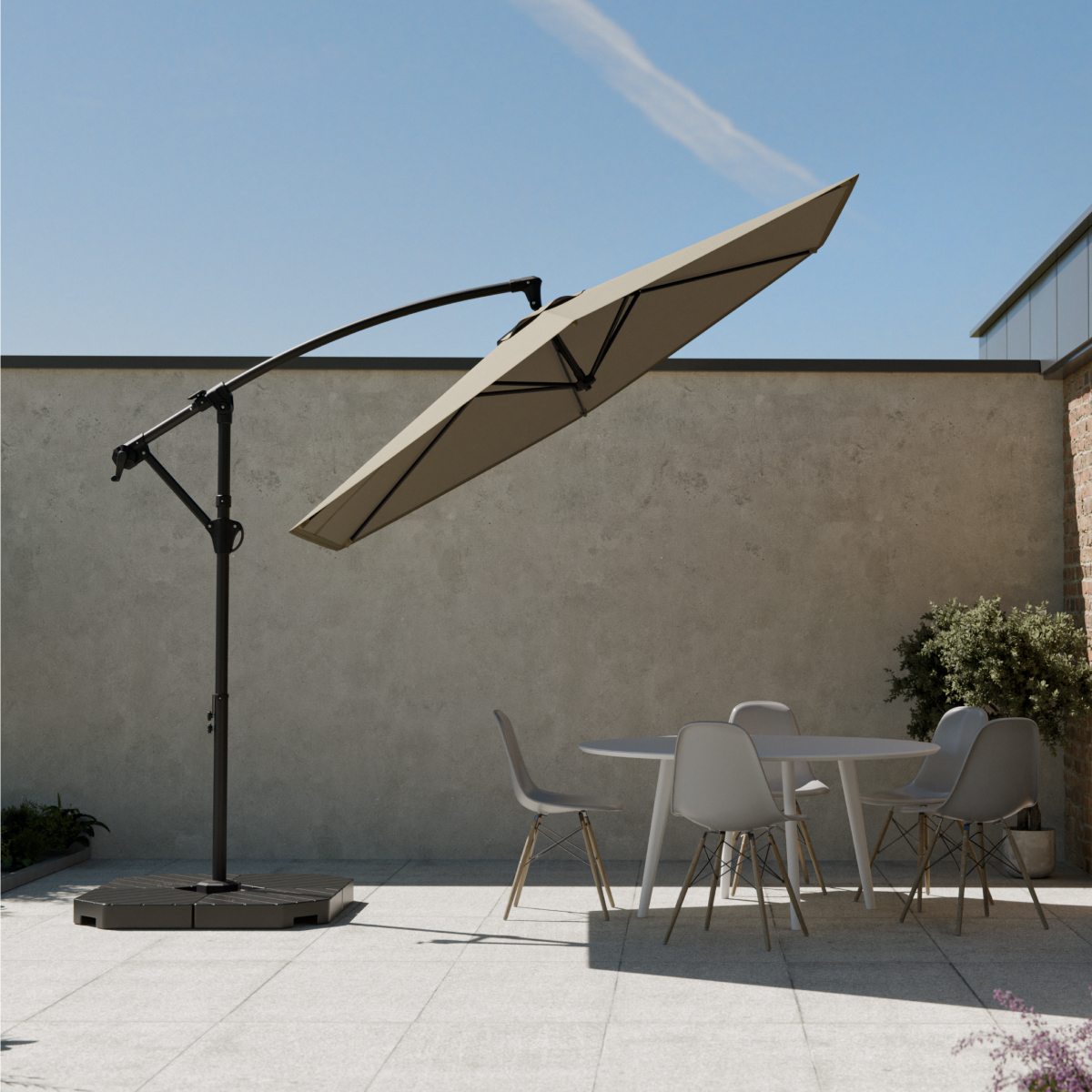parasol, tuinmeubel, vierkante tafel, buitenruimte, zachte tinten