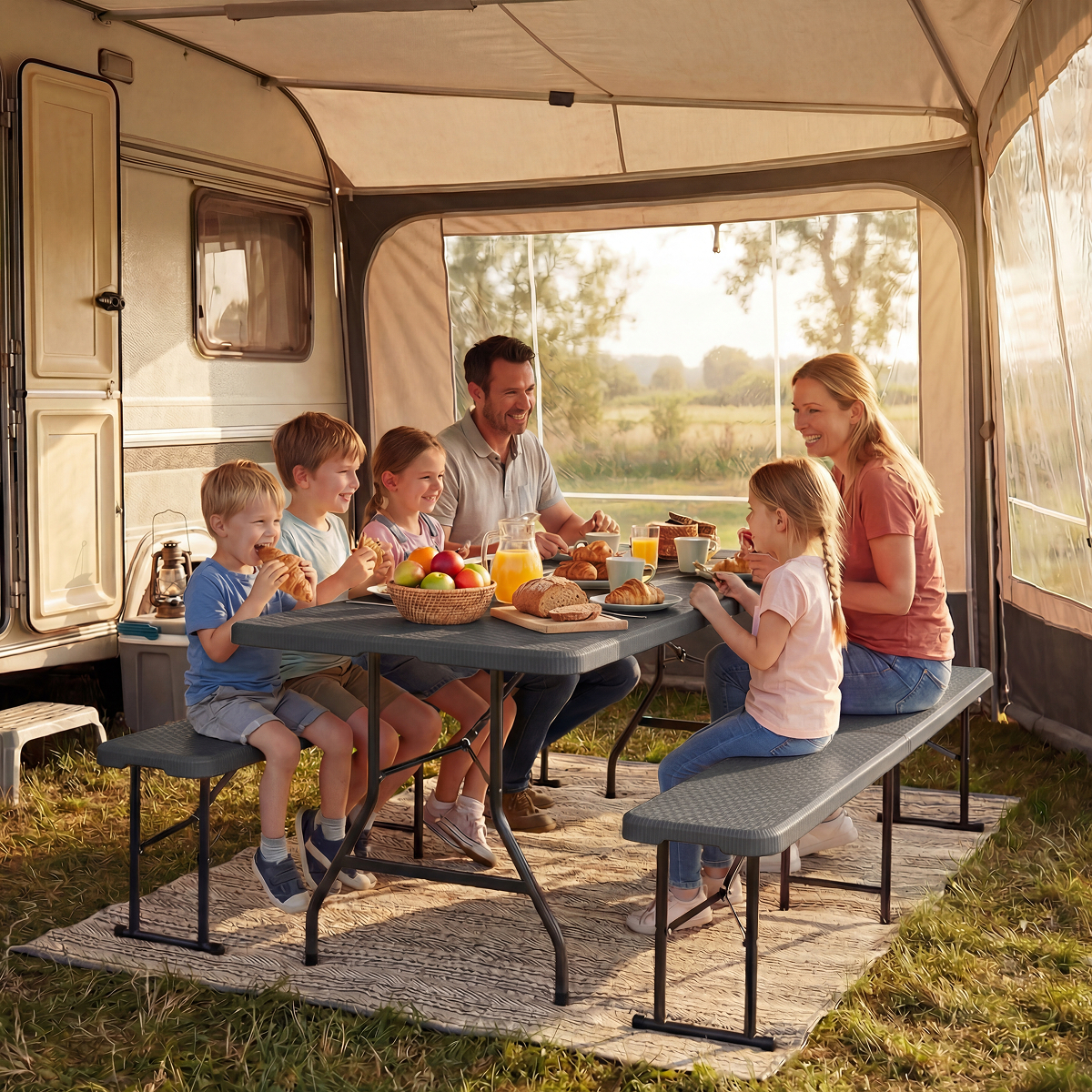 kampeerauto, familie kamperen, tafel setting, outdoor maaltijd, fruit mand