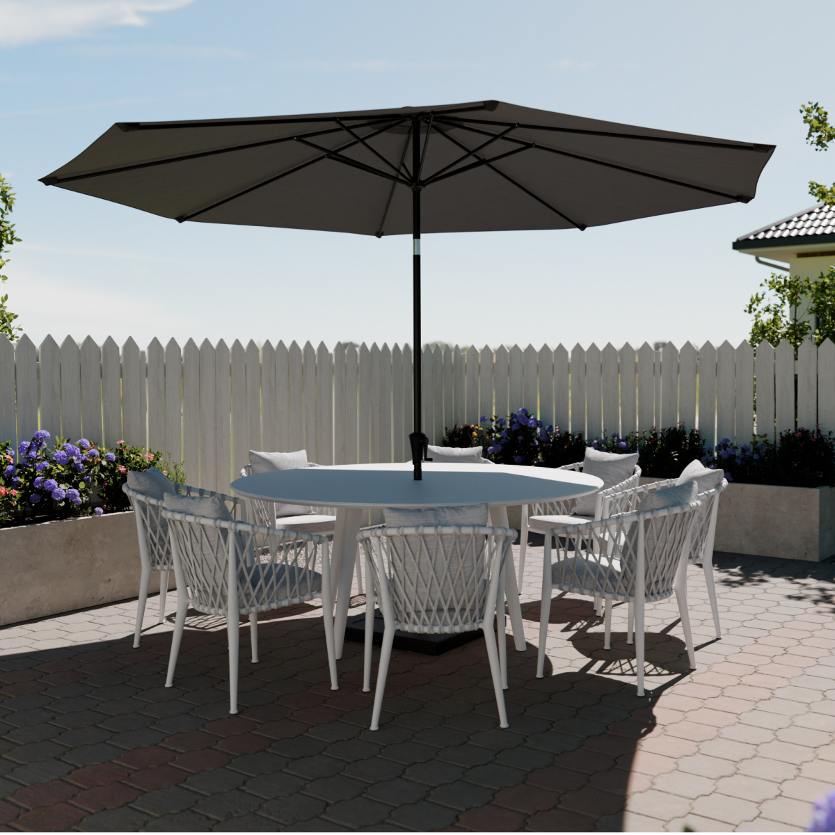 ext patio set, patio table, parasol umbrella, outdoor chairs, round table