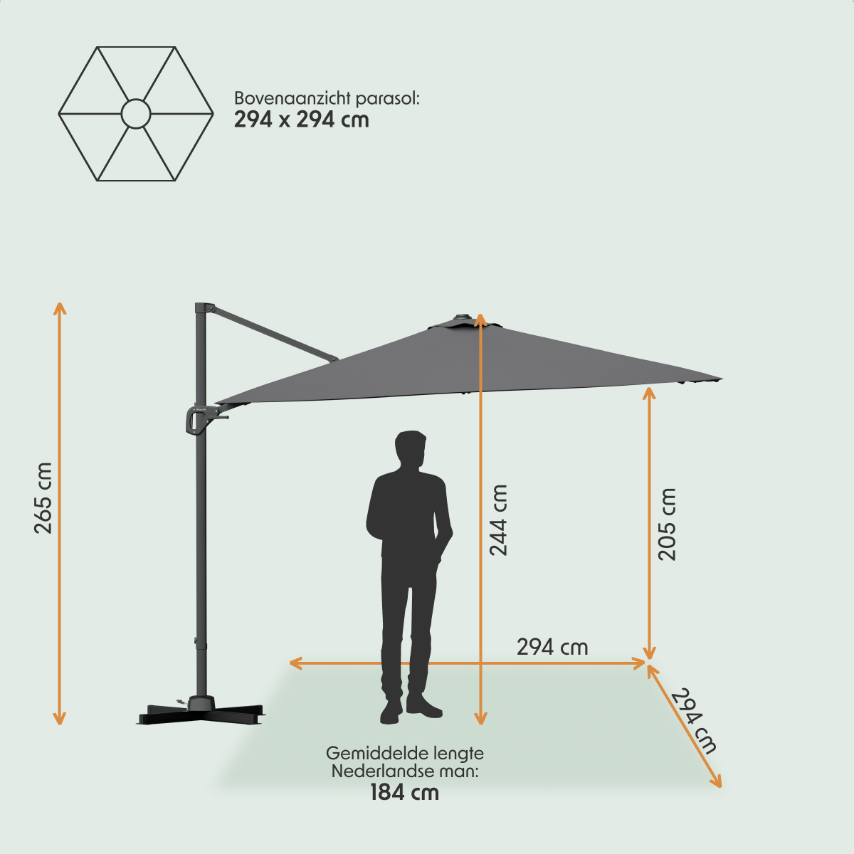 schaduwparasol, patiozonnescherm, dragerhem, rekmantel, vierkanten vorm