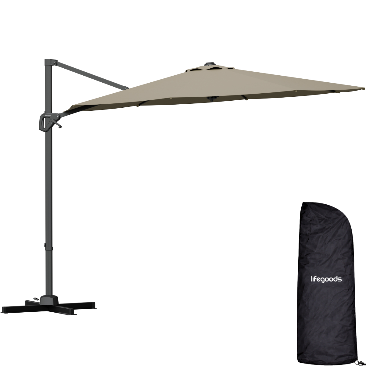 hangende parasol, tuinparasol, steunpaal, vlechtbare arm, hoesbescherming