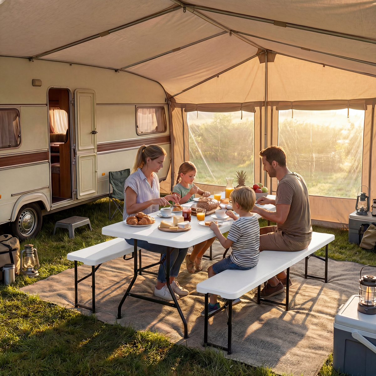 caravan, camper, camping, outdoor dining, family meal