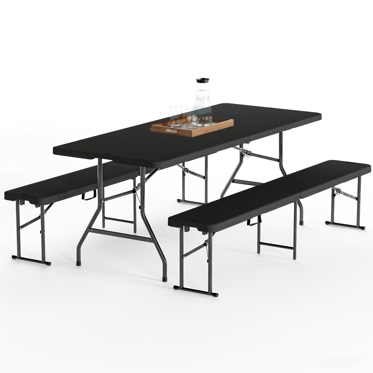 bistro tafel, uitklapbare tafel, metalen tafelonderstel, zwarte tafelblad, bankjesset