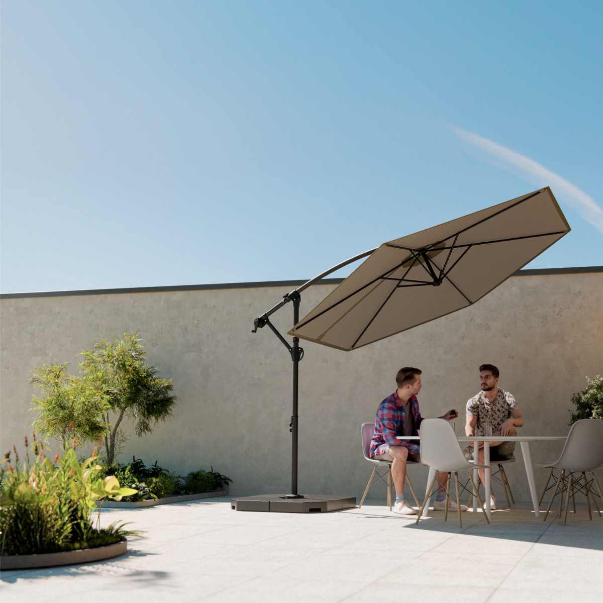 parasol, zonnescherm, outdoor, tuin, tafels en stoelen