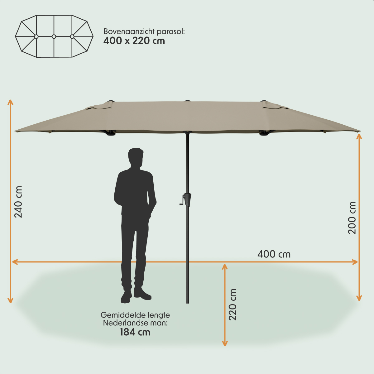 parasol, zonnescherm, telescopische stok, 240 cm hoogte, 400 cm span