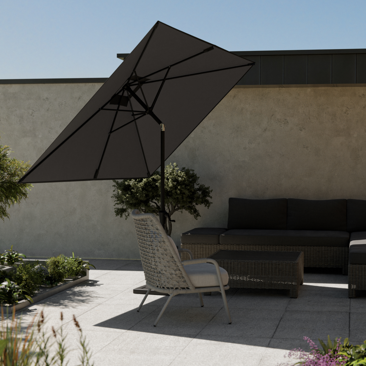 patio, parasol, umbrella, outdoor furniture, lounge set