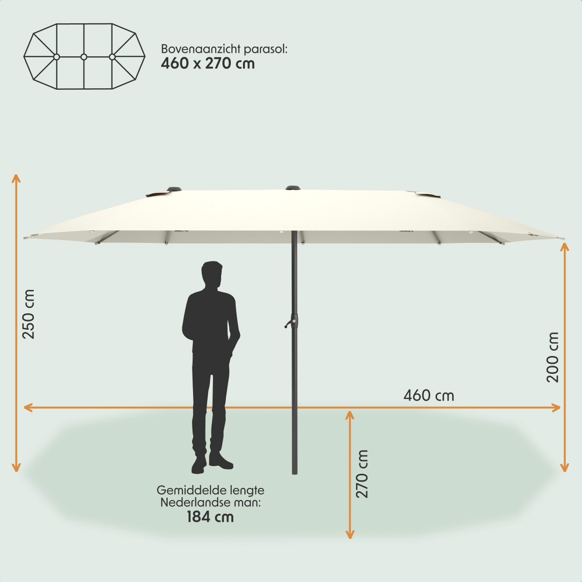 parasol, zonnescherm, uithangkoord, metalen paal, afmetingen 460x270 cm