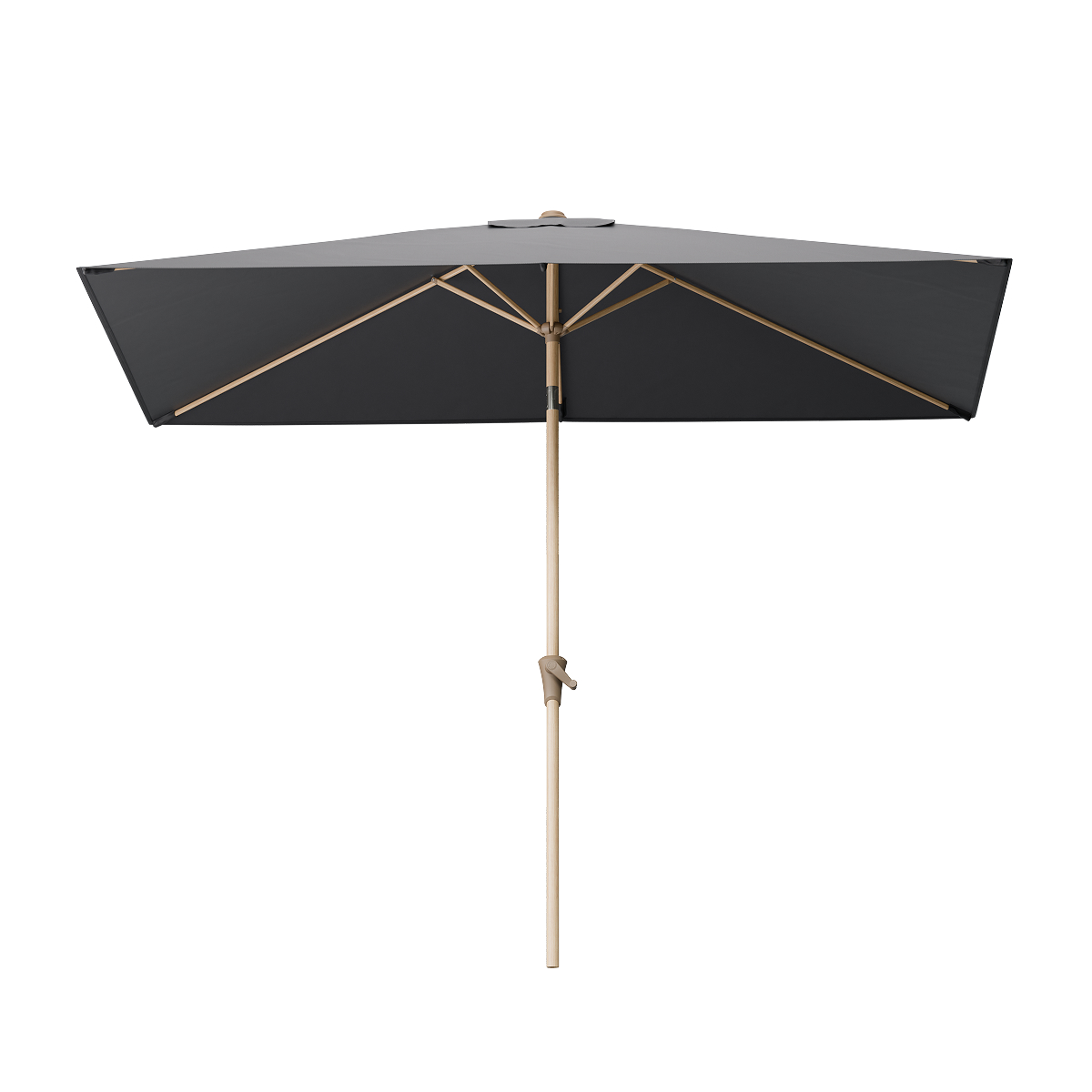 parasol, zonnescherm, houten stok, donkergrijs, frame onderstructure