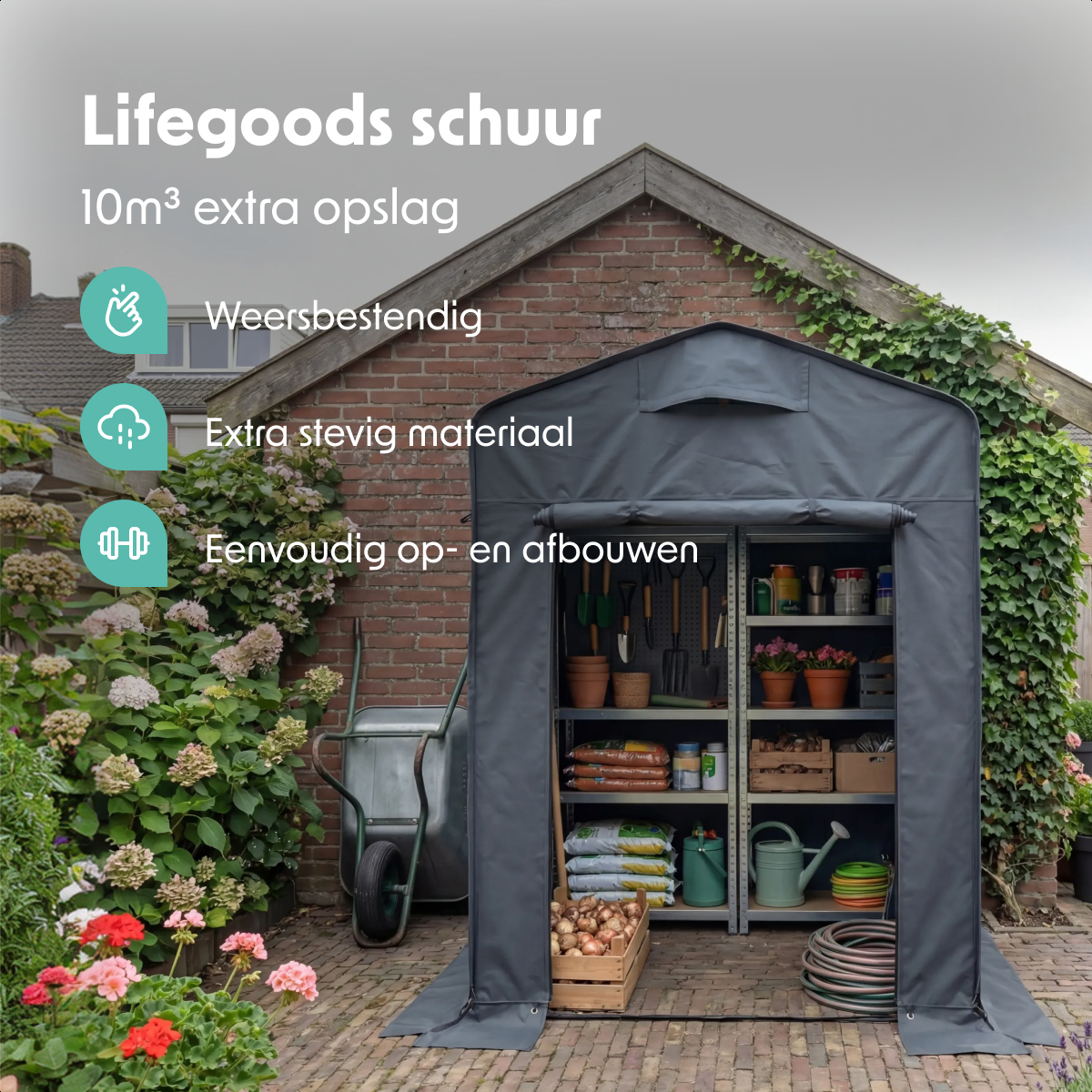 tuinhulpmiddel, opslagschuur, weersbestendig, extra stevig materiaal, tuingereedschap opslag