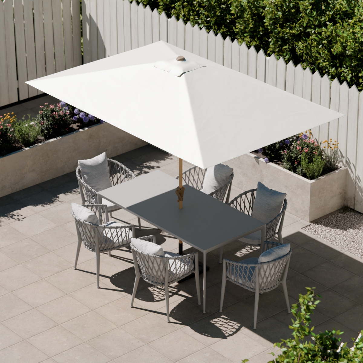tuinset, parasol, tafel, tuinbank, kussens