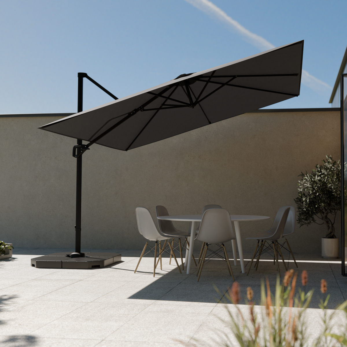 tuinset, parasol, buitenmeubilair, ronde tafel, kunststof stoel