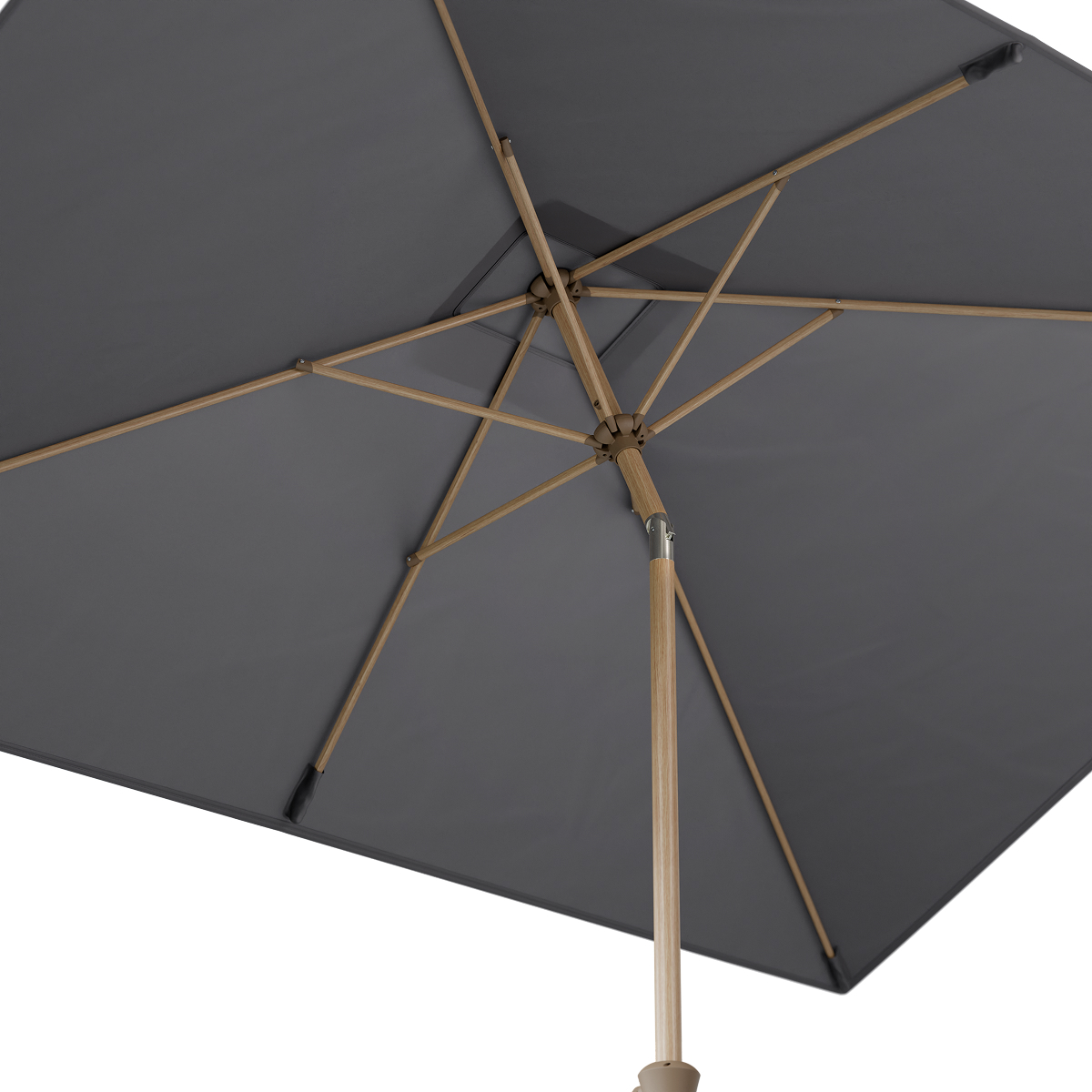 parasol, schaduwdoek, houten stok, grijze canopy, terrasparasol