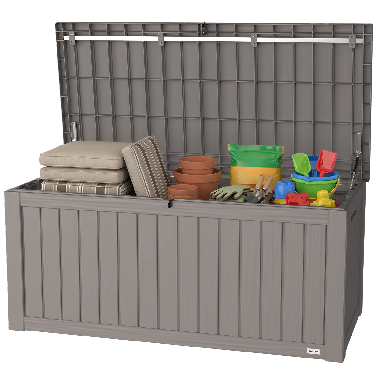 tuinopslag, houtplastic opslagskist, tuingereedschap, opslagbox, grijs