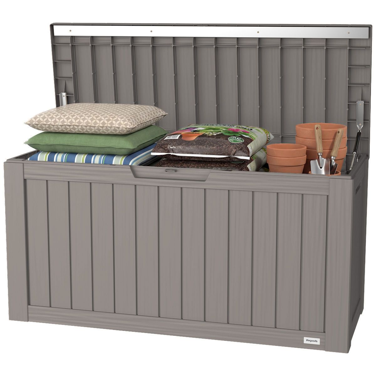 tuin-opslag, opslagbox, tuingereedschap, potten, tassen