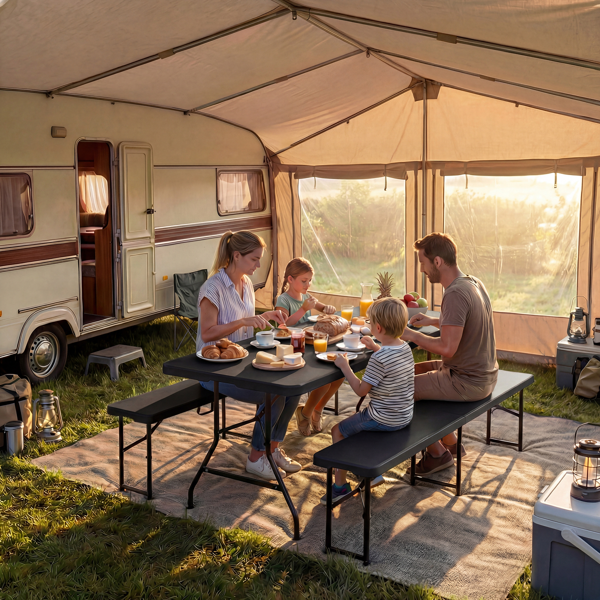 camper, camping, family, outdoor dining, tableware