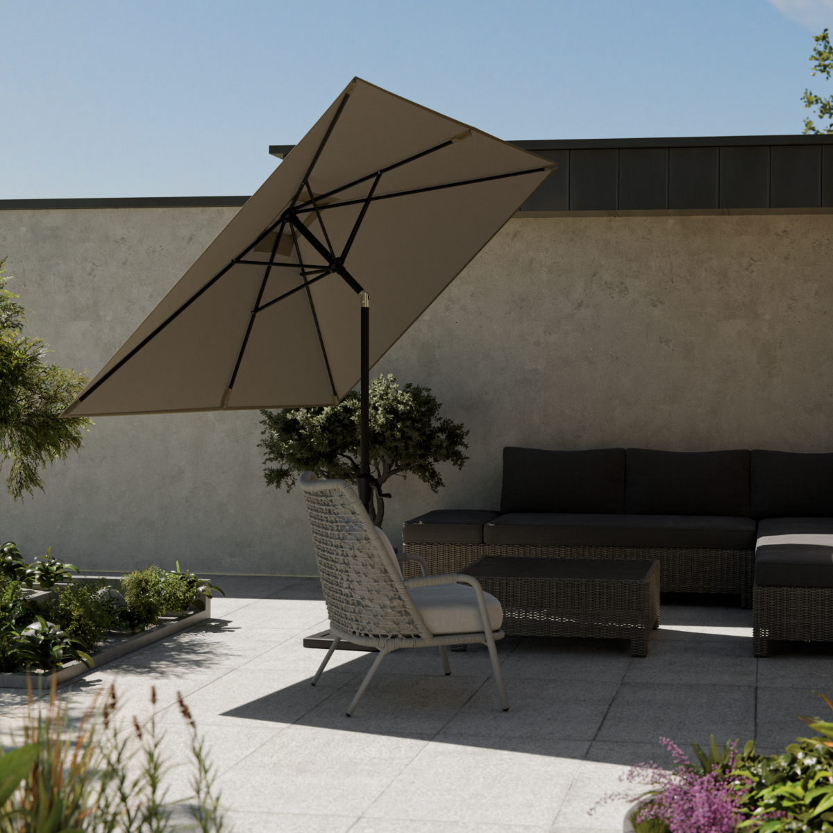 tuinbank, loungemeubel, parasol, patio, gezonddesign