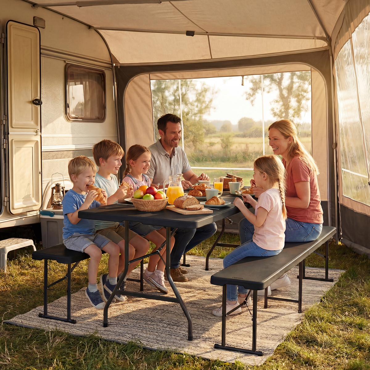 camping, camping tafel, familie maaltijd, caravan, buiten eten