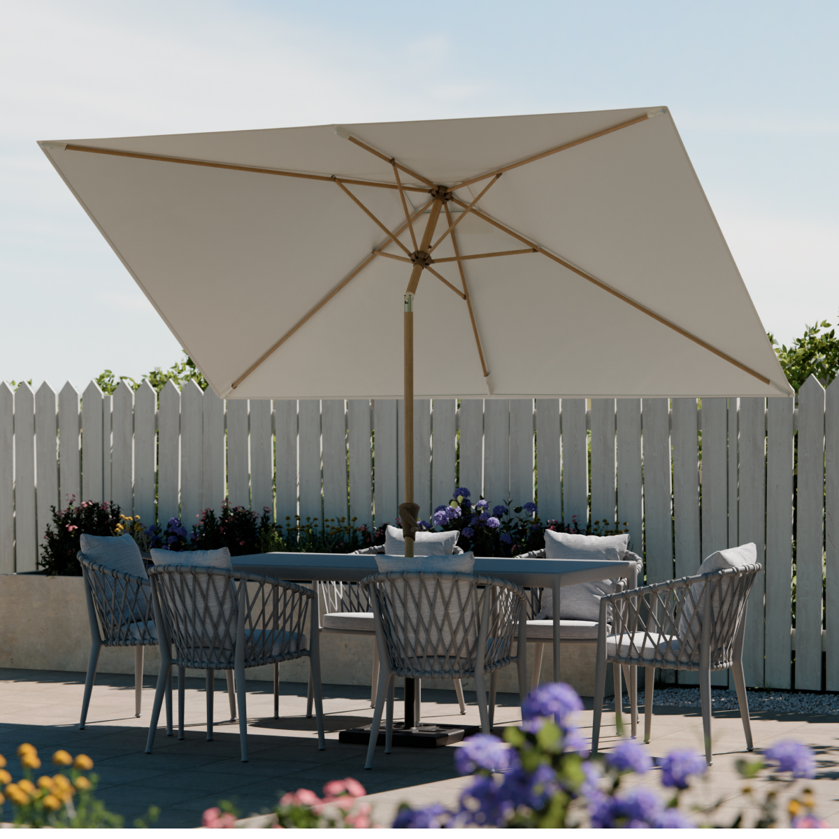 outdoor furniture, patio set, umbrella, table and chairs, garden fencing