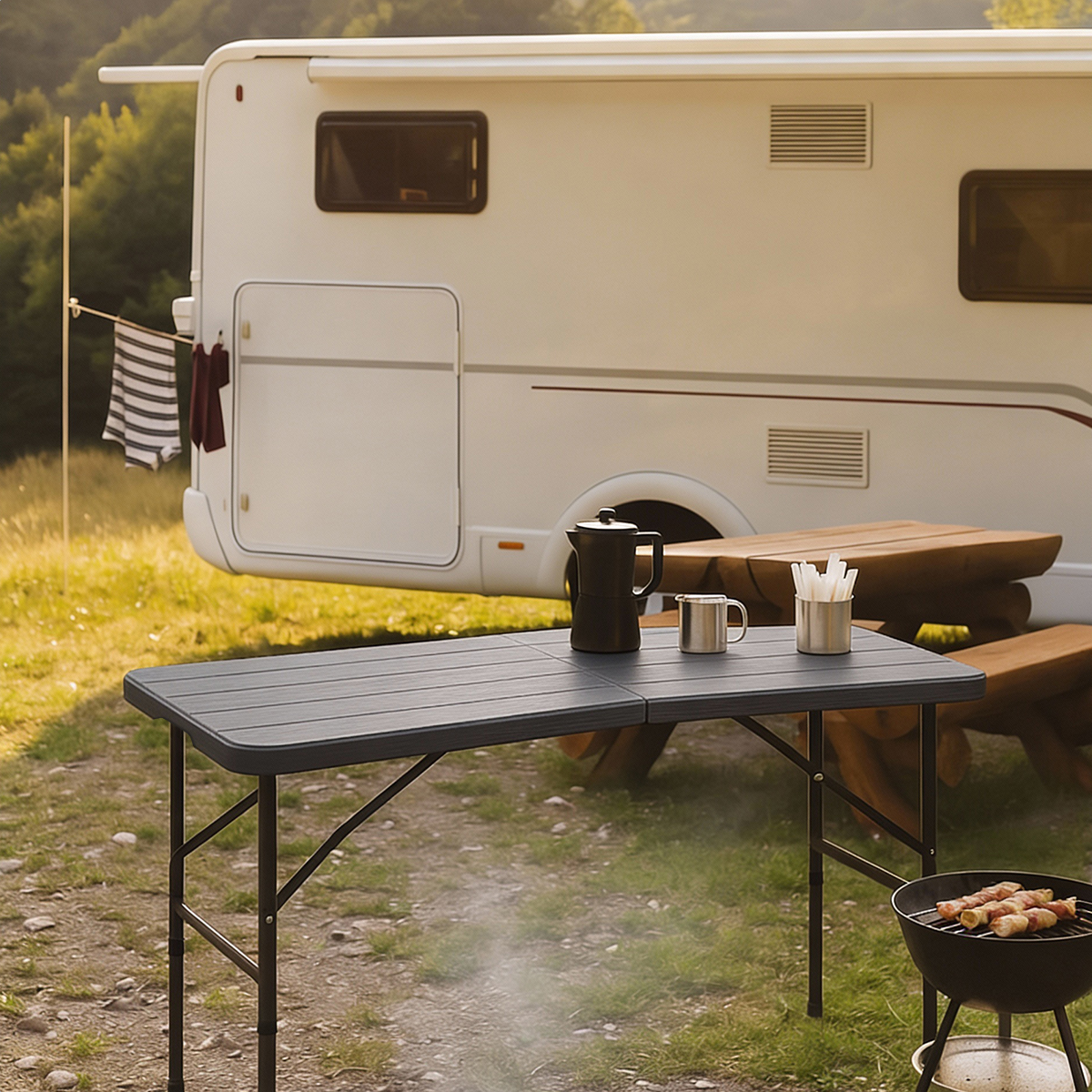camping, camper, tafel, grill, keukengerei