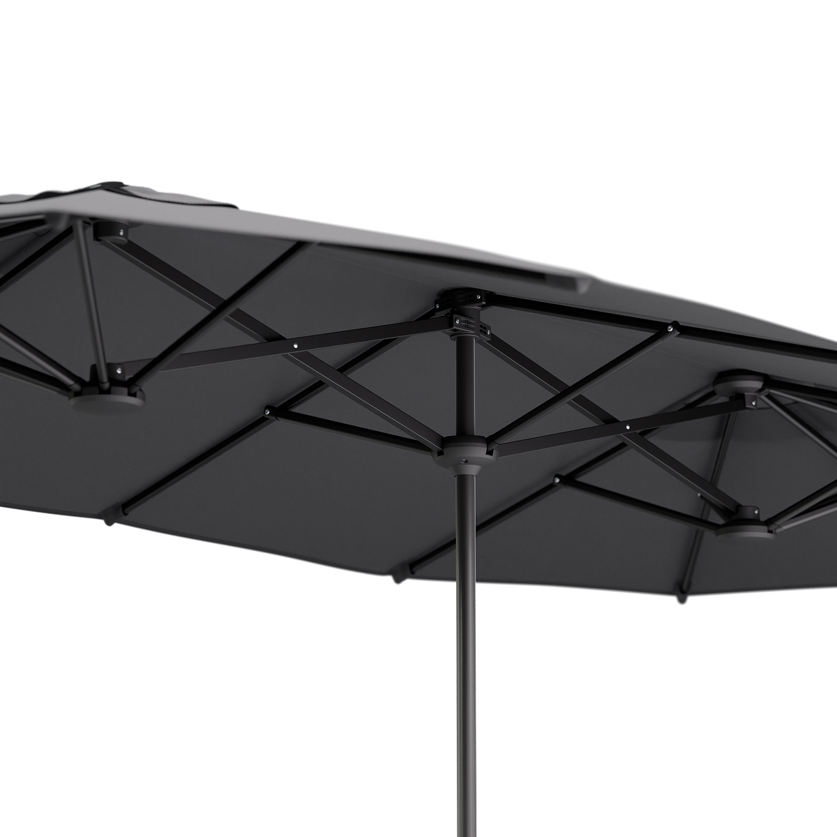 parasol, terrasparasol, zwart, kruisframe, centrale lampstok