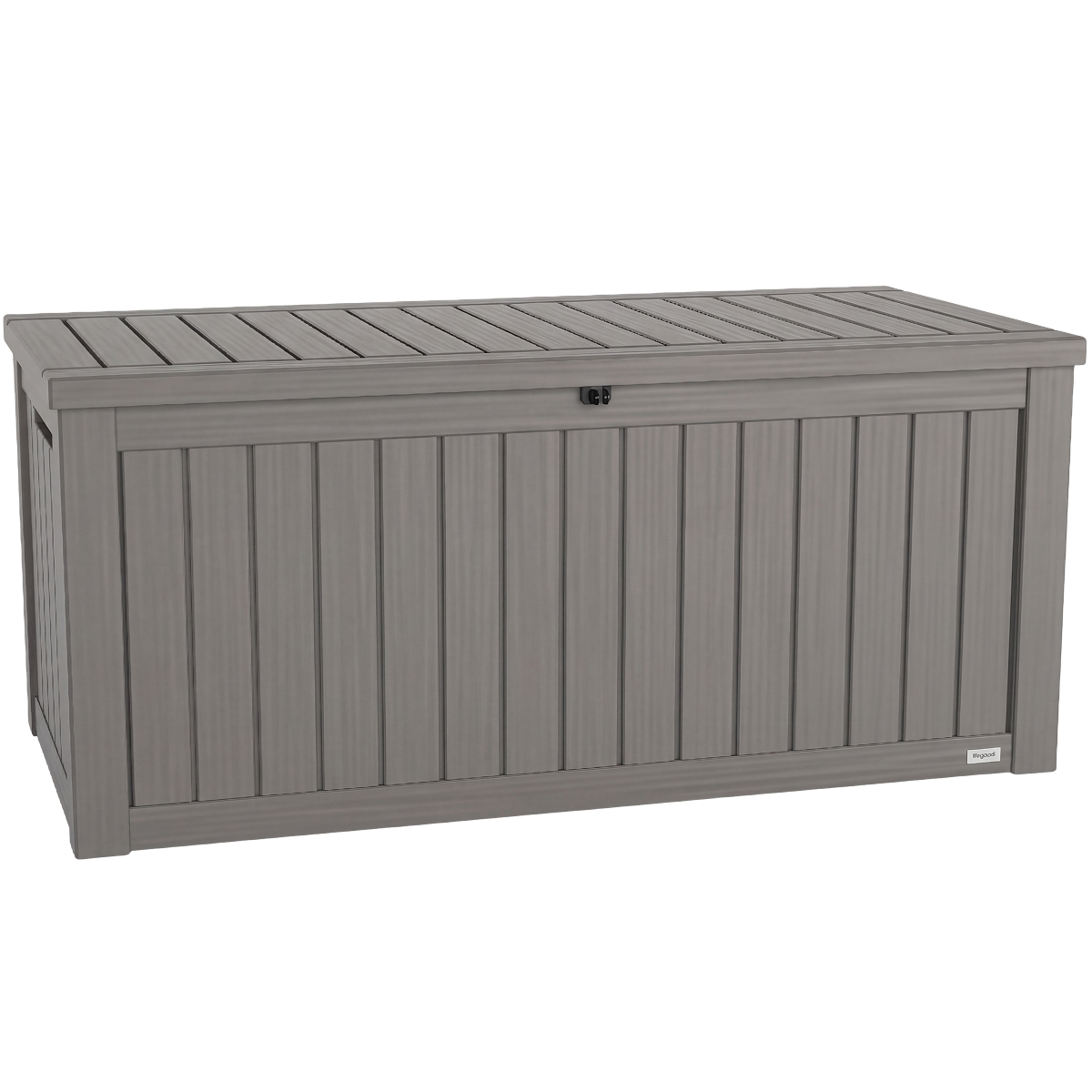 tuinkist, houten kast, grijze kleur, sluiting/slot, inkeping panelen