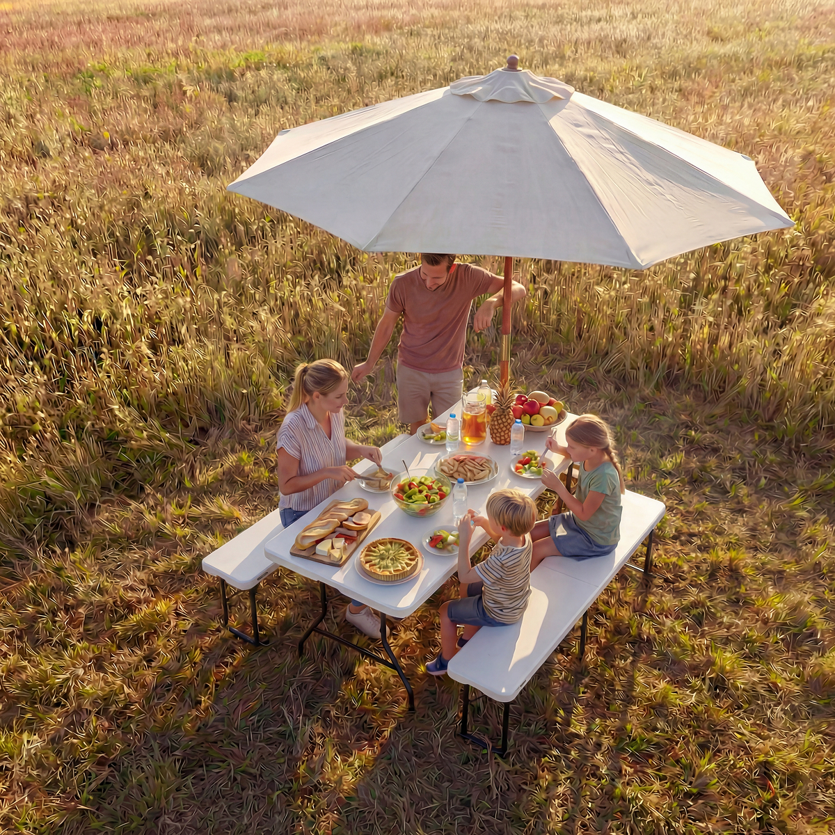 picknick, tafel, parasol, buiten, eten