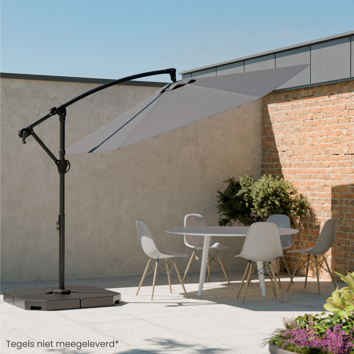 tuinmeubilair, parasol, antraciet, rond tafel, plastic stoelen