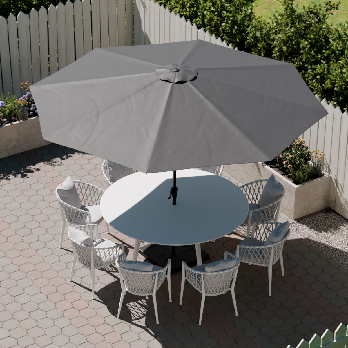 tuinset, parasol, rond tafellout, kraal, tuinmeubilair
