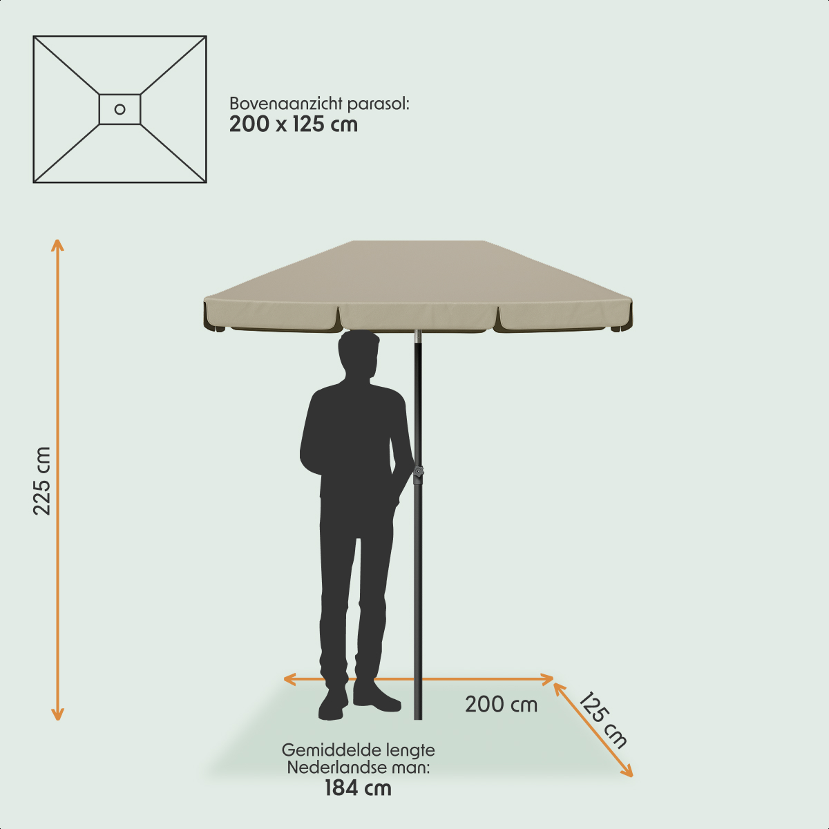 parasol, zonnescherm, parasol met staander, beige parasol, oppervlakmaat 200x125 cm