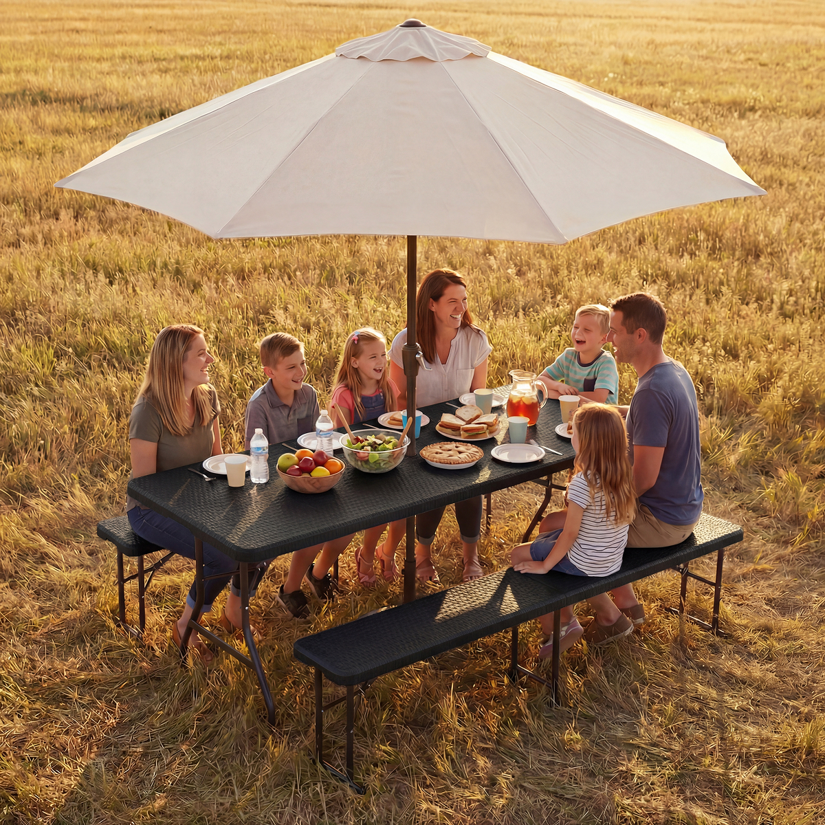 tuinset, picknicktafel, parasoldak, afval, tent