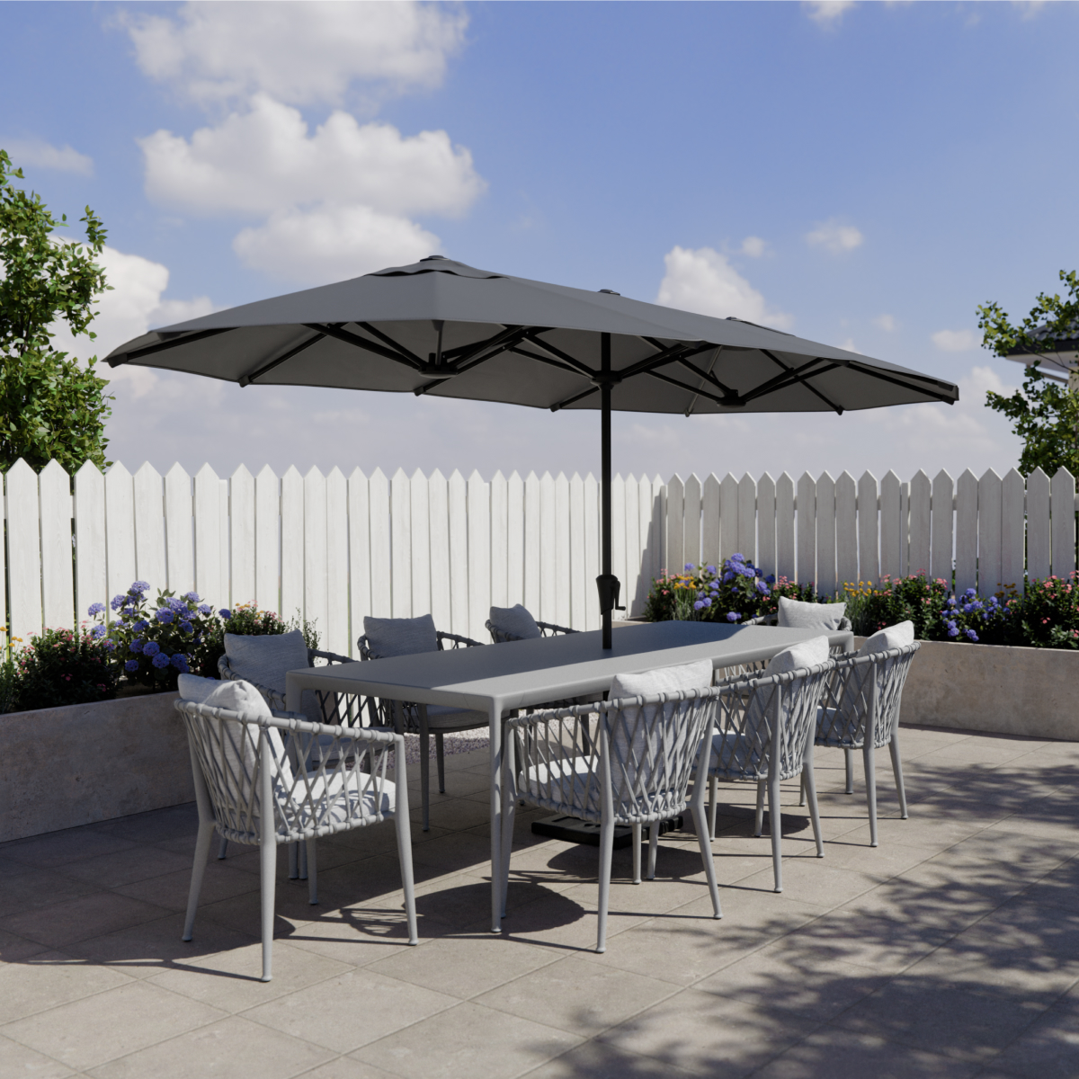 tuinset, parasol, tuinmeubilair, eettafel, kussens